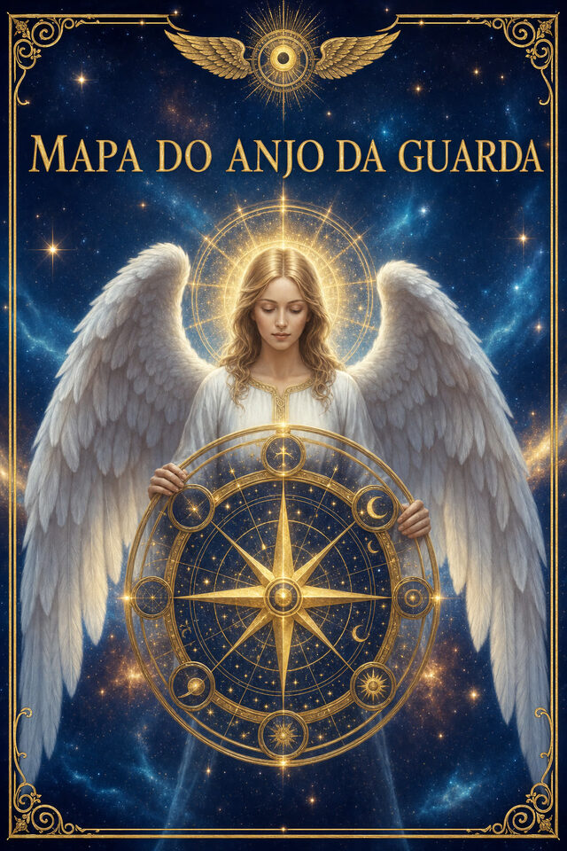 Capa do Mapa do Anjo da Guarda: um anjo de asas brancas segurando um círculo dourado com uma estrela, sobre um céu azul estrelado com moldura dourada.